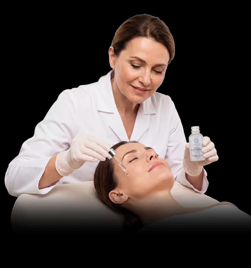 Aesthetic practitioner applying Cerulia Exosome Scalp Serum with a dropper